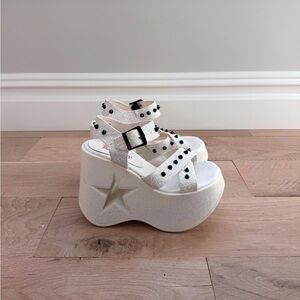 Demonia Dynamite-02 White Glitter Platform Wedge Sandals Shoes Heels